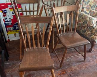 Antique Plank Seat Wood Chair - Set of 6