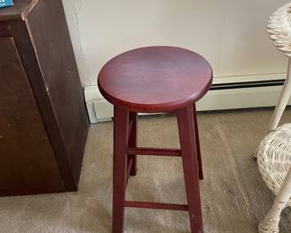 Vintage Tall Round Wood Stool Old Red Paint 24.5"H  12"D