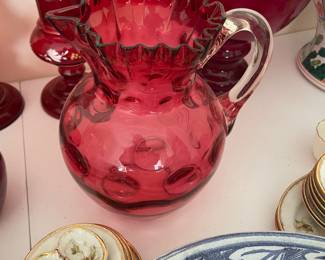 Vintage Fenton Cranberry Glass Coin Dot Pitcher Crimped Rim