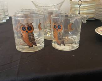 MCM Couroc Glassware Owl & Moon Lowball Glasses Black & Gold - Set of 8 -