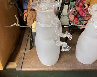 Vintage Frosted Glass Snowman Figurine Icy Winter Metal Arms Top Hat  Scarf