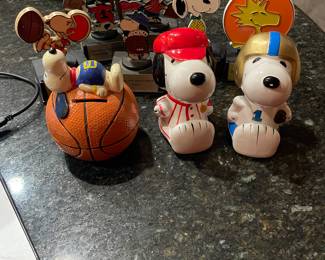 Vintage Ceramic Peanuts Snoopy Figurine Player Coin Banks and Vintage Snoopy Handmade Basketball Piggy Bank 1966