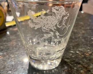 Etched Passant Lion Double Old-Fashioned Whiskey Glasses - Set of 5 -
