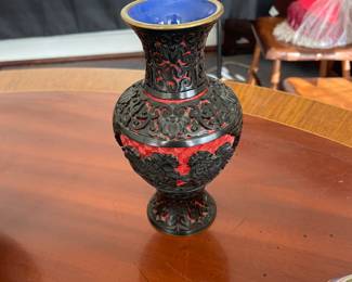 Red Chinese Cinnabar Small Vase Blue Enamel Coated Inside