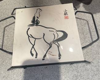 Vintage Japanese Hand Painted Black Horse Trivet 