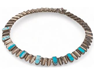  Sterling Silver and Turquoise Inlay Mexican Nail Chain Collar