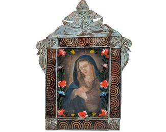 19th C. Mexican Retaablo, Mater Dolorosa, oil on tin