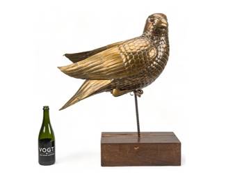 Sergio Bustamante, parrot on stand, with soldered brass and copper body, marble eyes, signed, ed. 14/100  height 31 in. x width 25 in. x depth 9 in. 