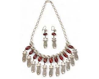 Sterling Silver and Bean Fish Necklace and Earring Set