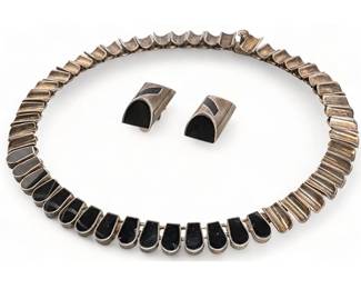 Mexican Black Onyx and Enamel Sterling Silver Necklace and Earrings