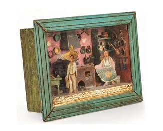 Mexican ex-voto diorama, dedicated to La Virgen de Guadalupe, cut and hand-painted tin, arranged in glass front display box, dated 1944 