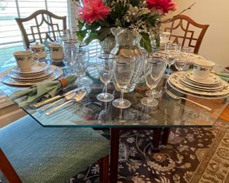 Great glass top dining table & Chinese Chippendale chairs