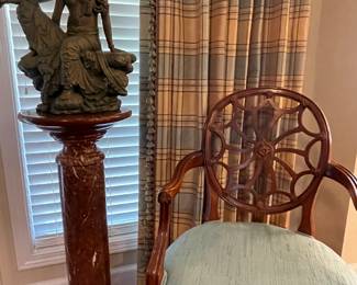 Spider web back chair & marble pedestal w/statue