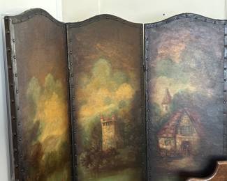 Arts & Crafts period painted canvas screen..more beautiful in person.