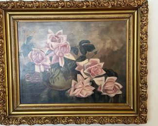 Stunning antique oil on board pink roses in a lovely gold frame.