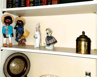 Leather Bound books, brass urn and decor, world dolls, oriental vase