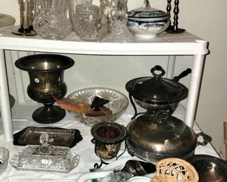 Crystal decanters, vases and serving pieces - Silver plate servers