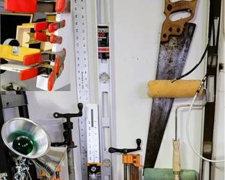 Hand saws, long levels, pipe clamps, hand clamps, paint tools, shop lights, T-squares and rulers