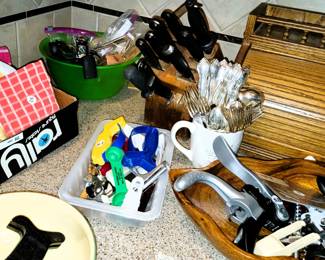 Wood bread box, knives and utensils