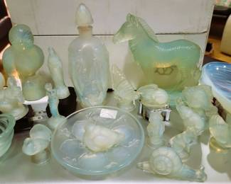 Sabino glass figures and figurines: sparrow, dish, Venus, butterfly, shell, fish, cherub.  Remainder shown are SOLD: owl, Mother Mary, perfume bottle, large zebra, large shell, squirrel, bunny, elephant, swan, shepherd, turkey, sparrow bird, snail
