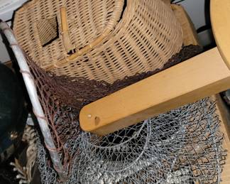 Fishing poles, lures, basket, nets, boxes and more