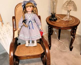 Child size bentwood rocker, inlaid side table, retro lamps and doll