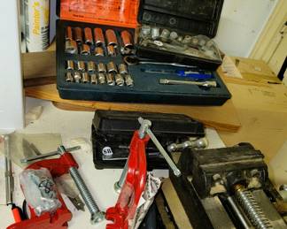 Socket sets (many), clamps and bench vices