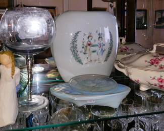 Red wine stems, vase and covered china dish
