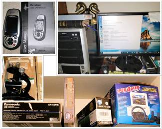 Electronics: game system, microscope, handheld GPS, Desktop Computer,  computer speakers and other office items