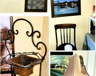 Wall decor, art and photography - antique wood bar chair, lamps, name brand crystal, 2-tier server