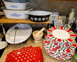 Christmas dishes, Pyrex Snowflake Casserole (Sold), Corning Ware (sold)