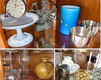 Stemware, urns, pewter cups, crystal candlesticks, clock paperweight, brass decor