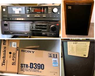 Vintage Stereo Electronics: 1986 Technics CD Player and Cassette Player, Sony Receiver, JVC Receiver, Sansui Speaker Set