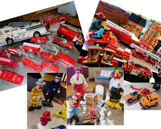 Fire fighter and fire chief figurines, Fire engines and cars and houses