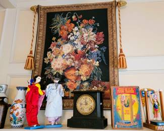 Lovely wall tapestry, Oriental vases and dolls, Antique metal Toy Musical Man on Flying Trapeze, antique clock