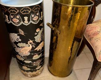 Antique Chinese Handpainted umbrella Holder & Brass Umbrella Holder