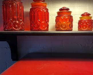 MCM  LE Smith Moon & Stars Red Orange AmberinaCanisters w/ Lids.