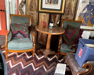 Two Antique Chairs, Vintage table, Deco Screen, Art, Rug, Brown Leather Chair (needs work). Paper towel dispenser