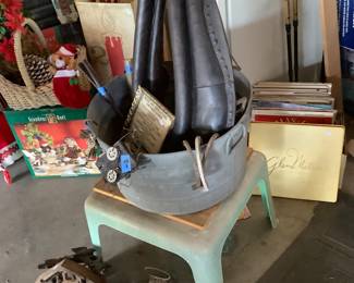 Vintage yoke, vintage galvanized tub, cuckoo clock, vintage vinyl records