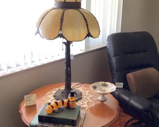 Vintage slag glass lamp, vintage two tier maple table (very good condition)