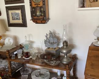 Vintage wall clock, vintage display shelving