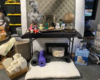 Xl dog beds, jewelry displays, workout mats, plastic steps, hat box, beanie babies, home decor, antique frame, and water distiller, carry on suitcase
