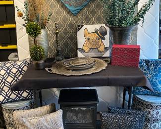 Vases, florals, pillows, silver trays, artwork, plug-in fireplace, decorative box