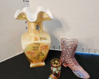 Fenton vase and 2 shoes