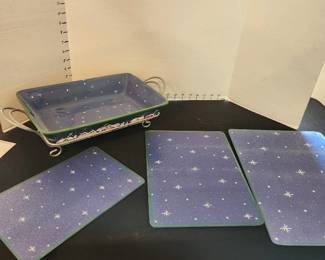 Temp-tations casserole dish (sm chip) and 3 tempered glass cutting boards