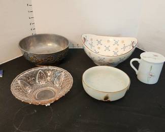 Pewter? bowl, depression glass bowl, serving bowl and more