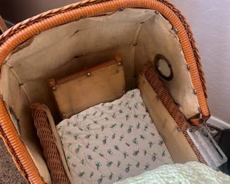 Antique Lloyd Loom Wicker Baby Carriage with Doll 