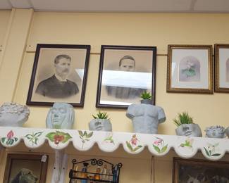 Chalk Print , Watercolors and Granite Planters. Sitting on Gladys Shelley Trillium & Hummingbird Shelf.