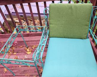 Outside Turquoise Powder Coated Wrought Iron 2 Chairs , 3 small Tables with glass tops and Sofa. Sample at store.