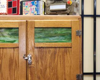 Hoosier with Green Slag Glass. Tin shelf and lots of cabinet room.